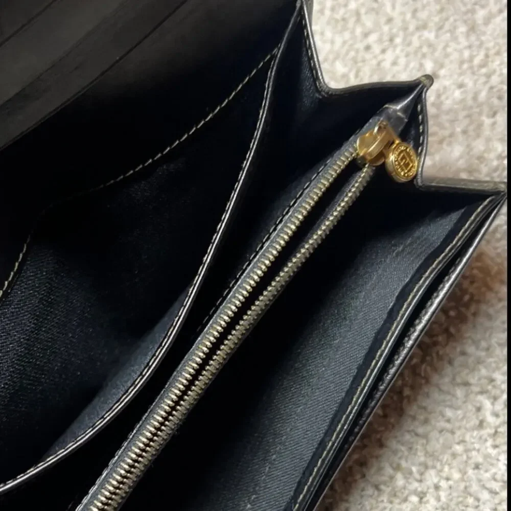 Fendi Black and Taupe Striped Wallet with Removable Gold Tone chain VTG